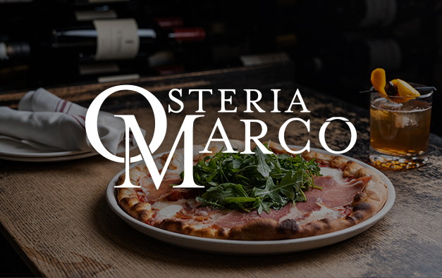 Osteria Marco logo on top of a photo of pizza