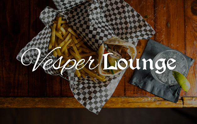 Vesper Lounge Logo on top of a photo of a wrap and a drink